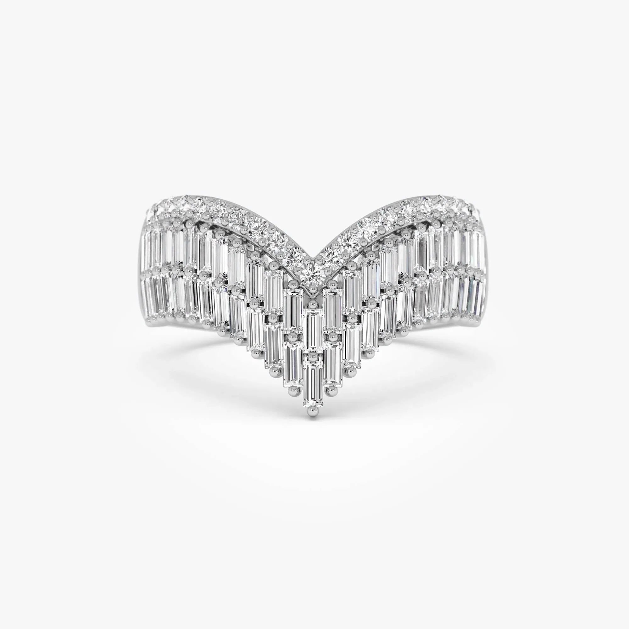 14k Solid Gold Baguette and Round Diamond 0.99 Carat Chevron Statement Ring