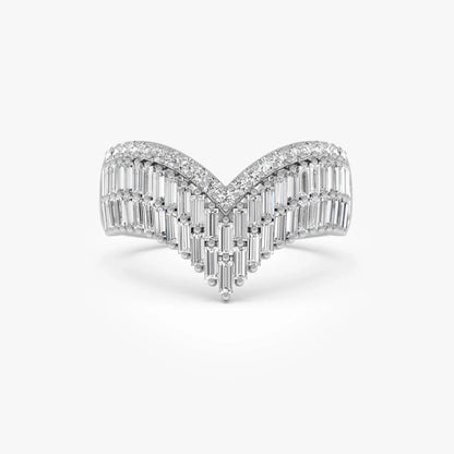 14k Solid Gold Baguette and Round Diamond 0.99 Carat Chevron Statement Ring