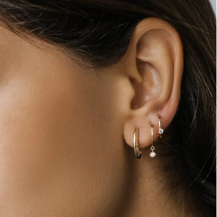 14k Gold Diamond Round Cut Dangling Charm Hoop Earrings Bezel Setting 0.06 ctw