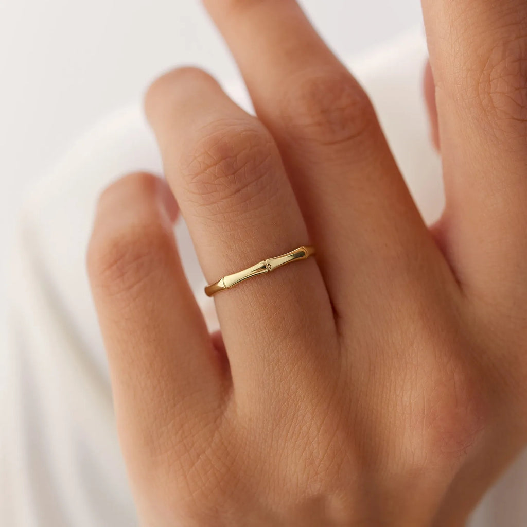14k Solid Gold Bamboo Minimalist Stackable Band Ring