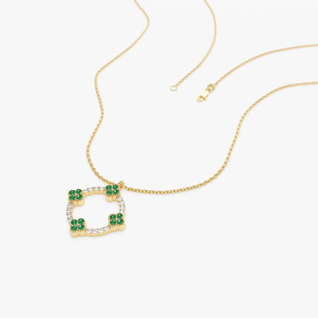 14k Solid Gold Round Diamond 0.12 CTW and Emerald 0.18 CTW Clover Pendant Necklace