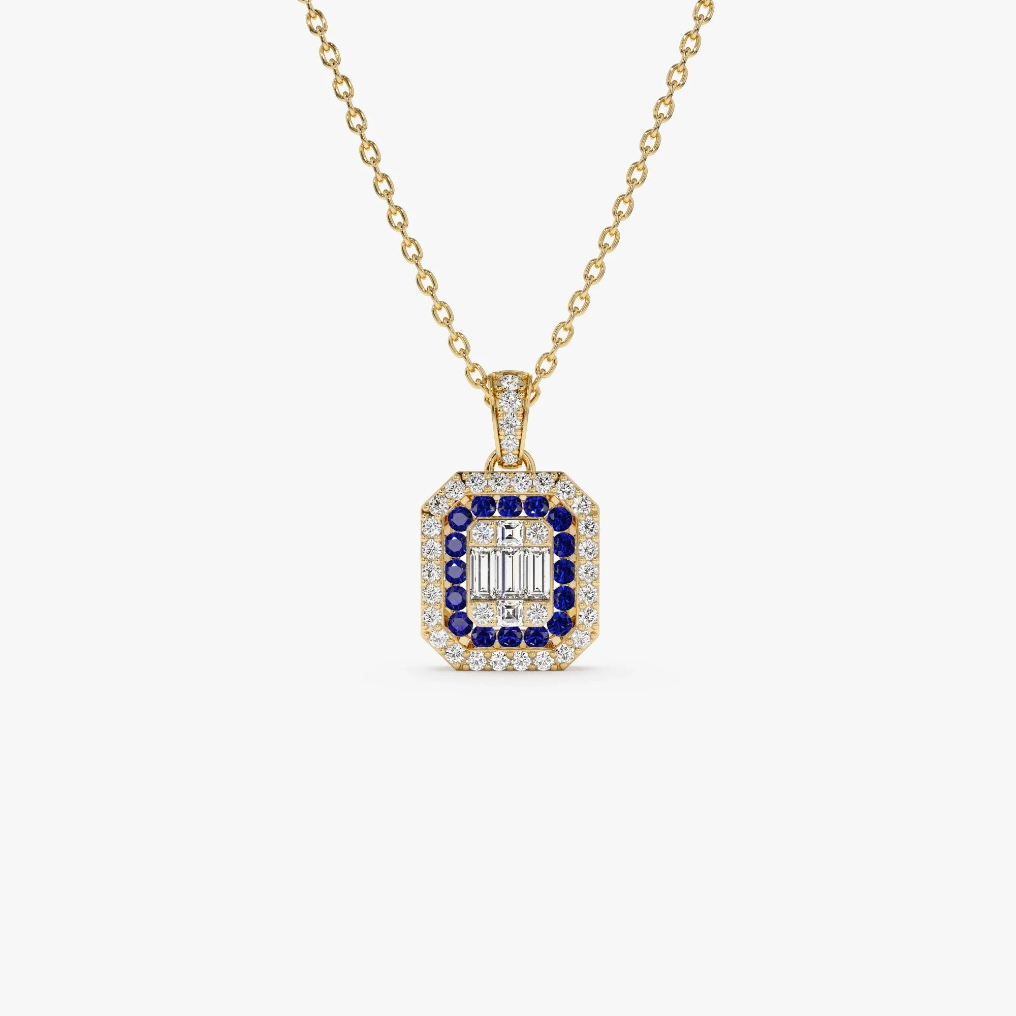 14k Solid Gold Sapphire and Diamond Round Baguette Halo Necklace 0.50 Carat