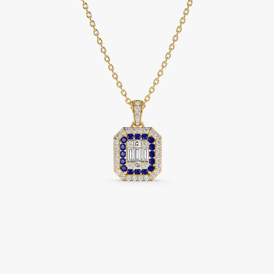 14k Solid Gold Sapphire and Diamond Round Baguette Halo Necklace 0.50 Carat