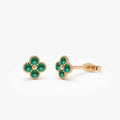 14K Solid Gold Round Emerald Clover Beaded Stud Earrings 0.30 CTW