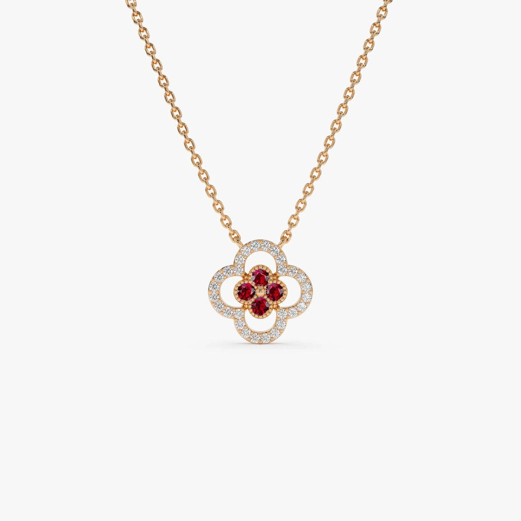 14k Solid Gold Ruby and Diamond Round Clover Halo Necklace 0.24 Carat