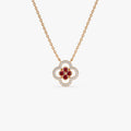 14k Solid Gold Ruby and Diamond Round Clover Halo Necklace 0.24 Carat