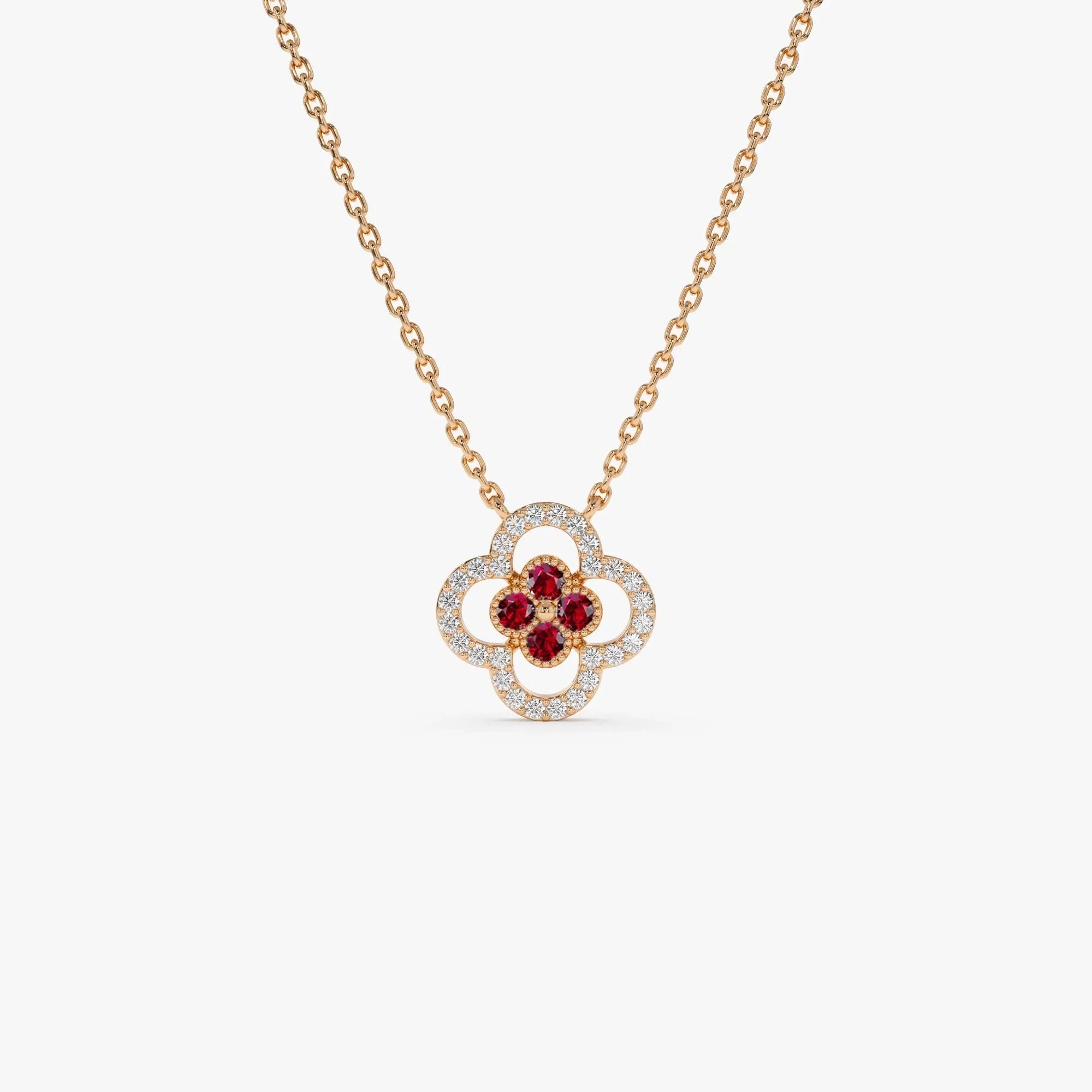14k Solid Gold Ruby and Diamond Round Clover Halo Necklace 0.24 Carat