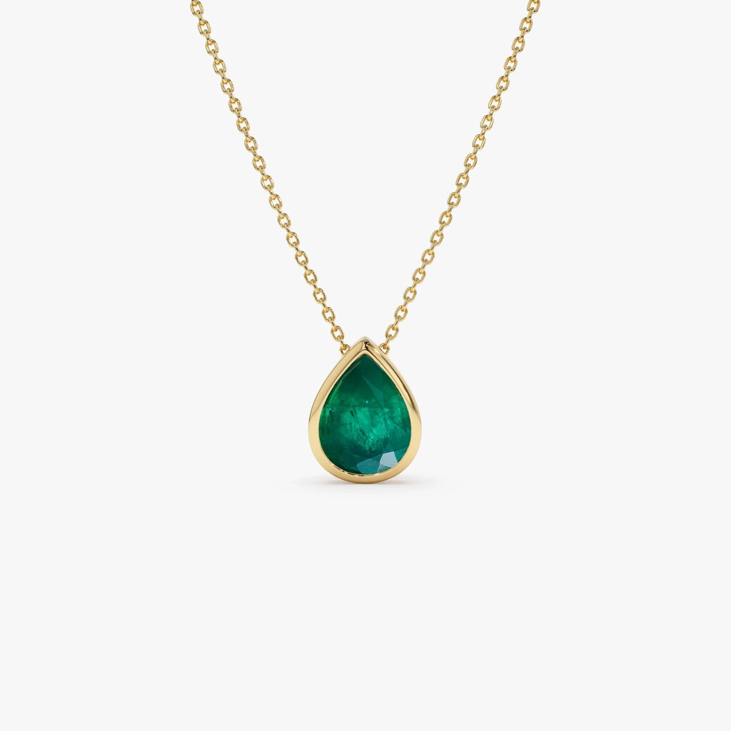 14k Solid Gold Pear Shape Emerald 1.50 to 2.50 CTW Bezel Setting Necklace