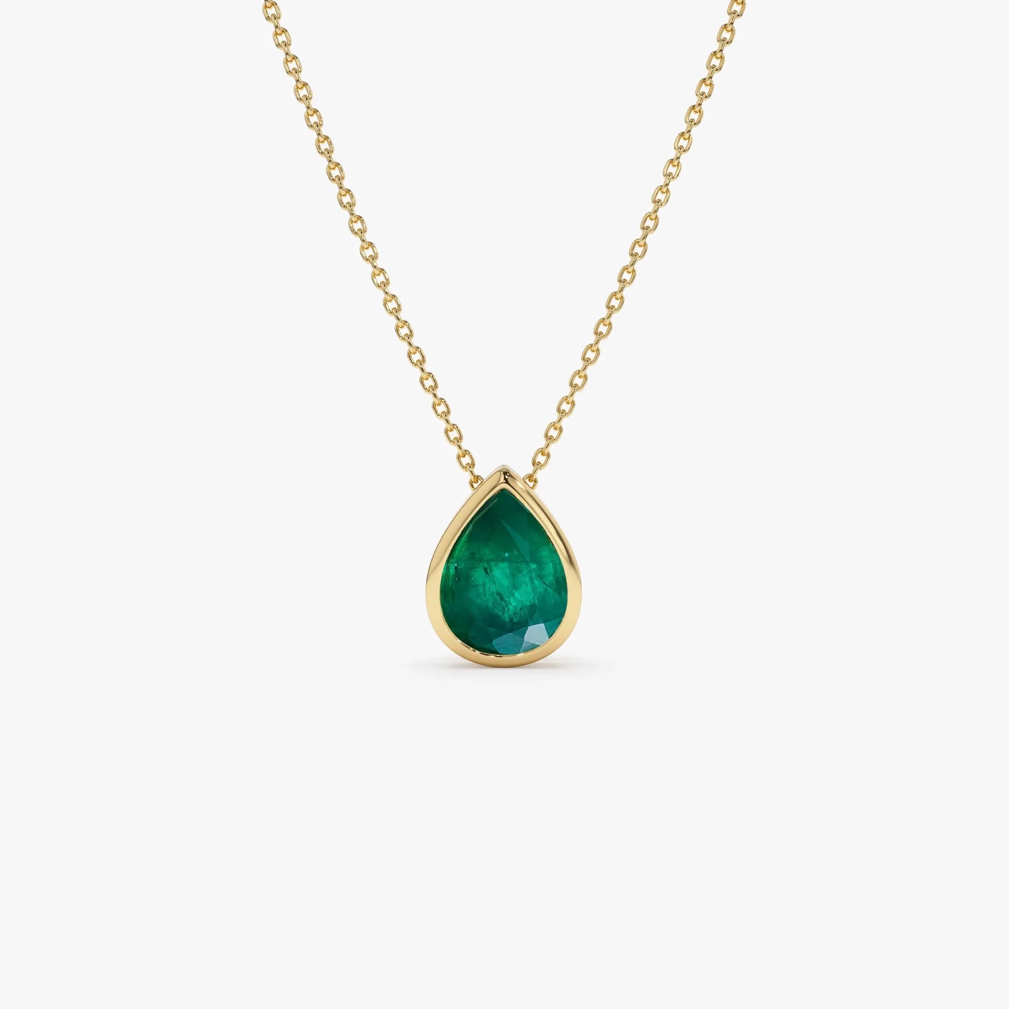 14k Solid Gold Pear Shape Emerald 1.50 to 2.50 CTW Bezel Setting Necklace