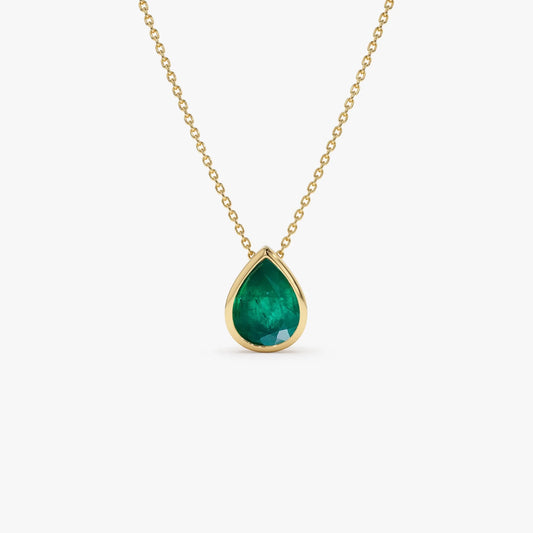 14k Solid Gold Pear Shape Emerald 1.50 to 2.50 CTW Bezel Setting Necklace