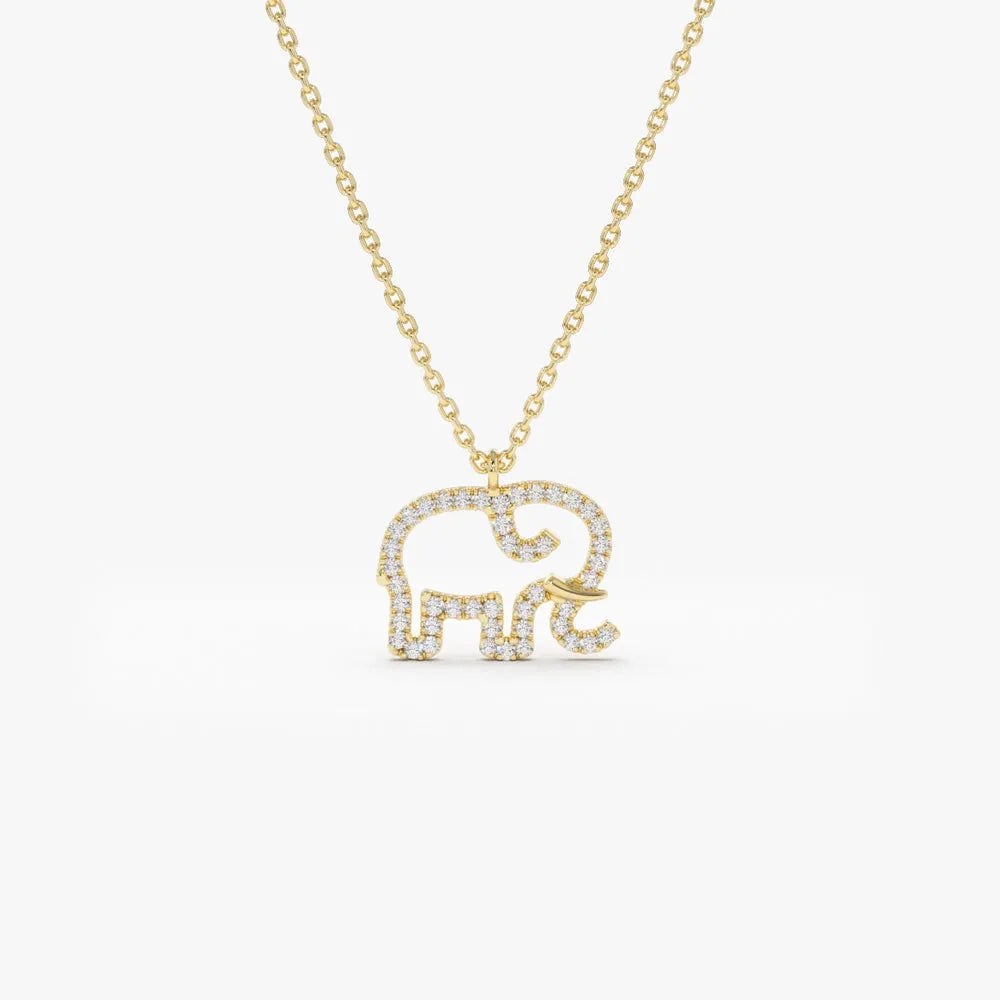 14K Solid Gold Round Diamond Micro Pave Elephant Charm Necklace 0.22ctw
