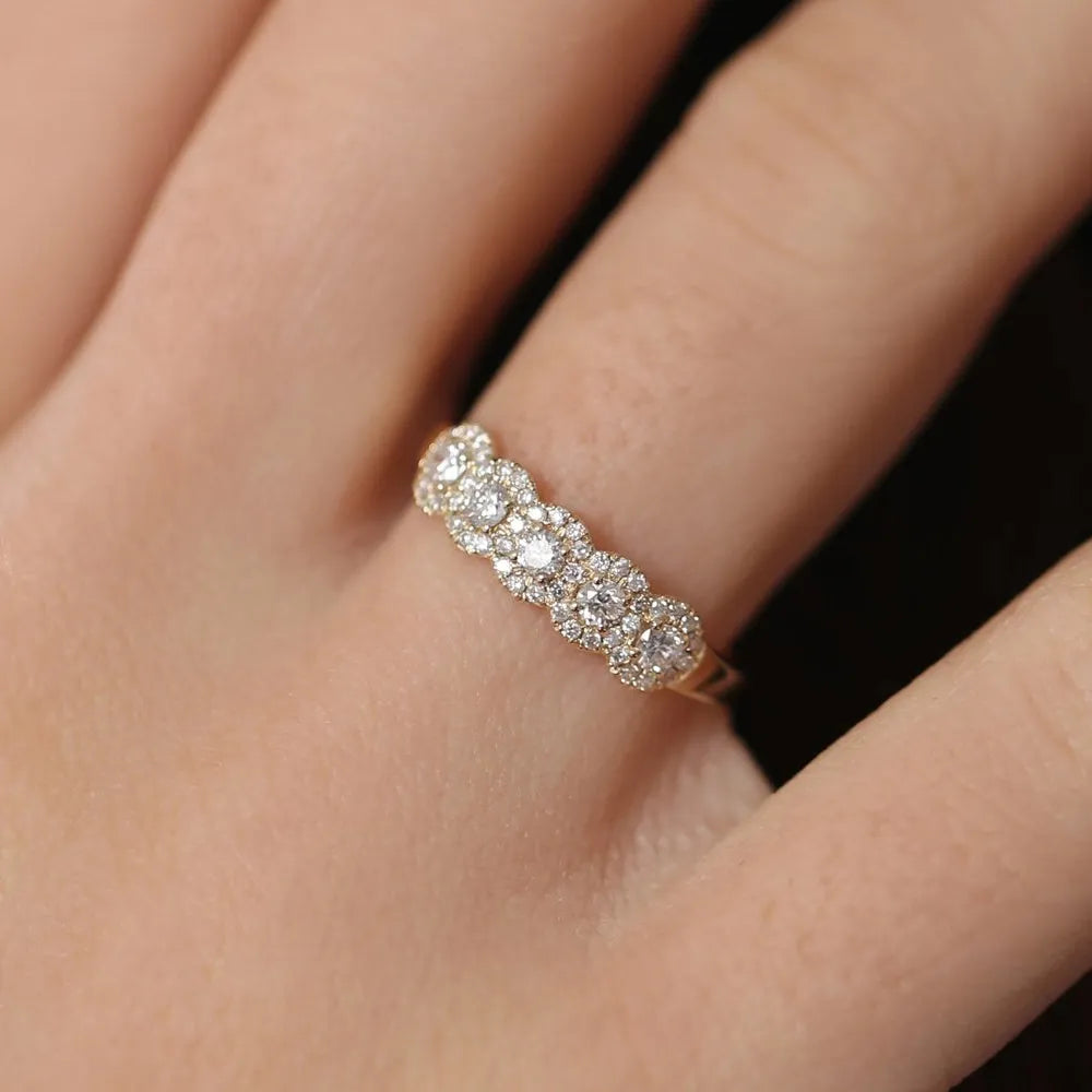 14k Solid Gold Round Cut Diamond Halo Micro Pave Wedding Band 0.52 ctw