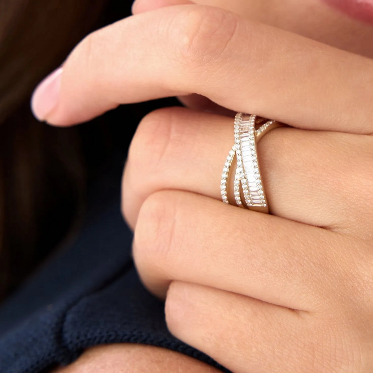 14k Solid Gold Baguette and Round Diamond 0.85 Carat Multi Row Criss Cross Band Ring