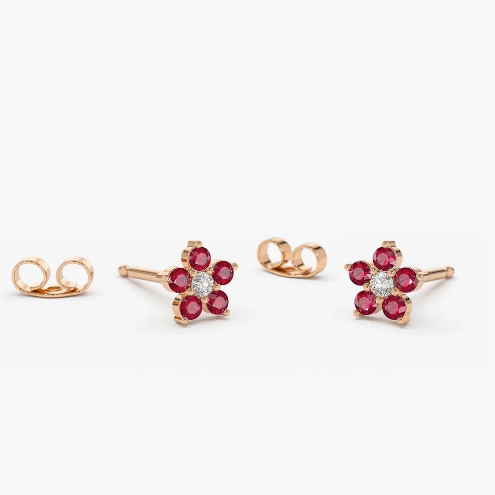 14k Gold Ruby and Diamond Round Cut Flower Stud Earrings 0.32 ctw