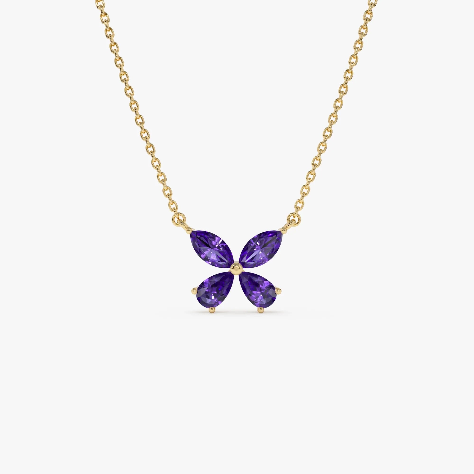 14k Solid Gold Amethyst Pear and Marquise Butterfly Necklace 0.85 Carat