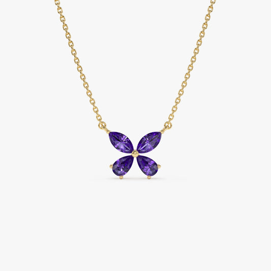 14k Solid Gold Amethyst Pear and Marquise Butterfly Necklace 0.85 Carat