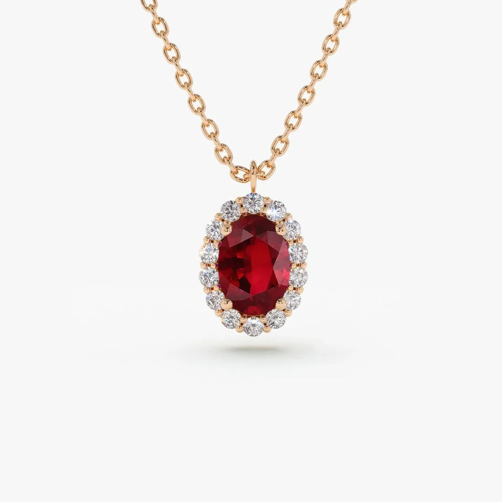 14k Solid Gold Ruby and Diamond Oval Halo Necklace 0.70 Carat Prong Setting