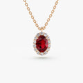 14k Solid Gold Ruby and Diamond Oval Halo Necklace 0.70 Carat Prong Setting