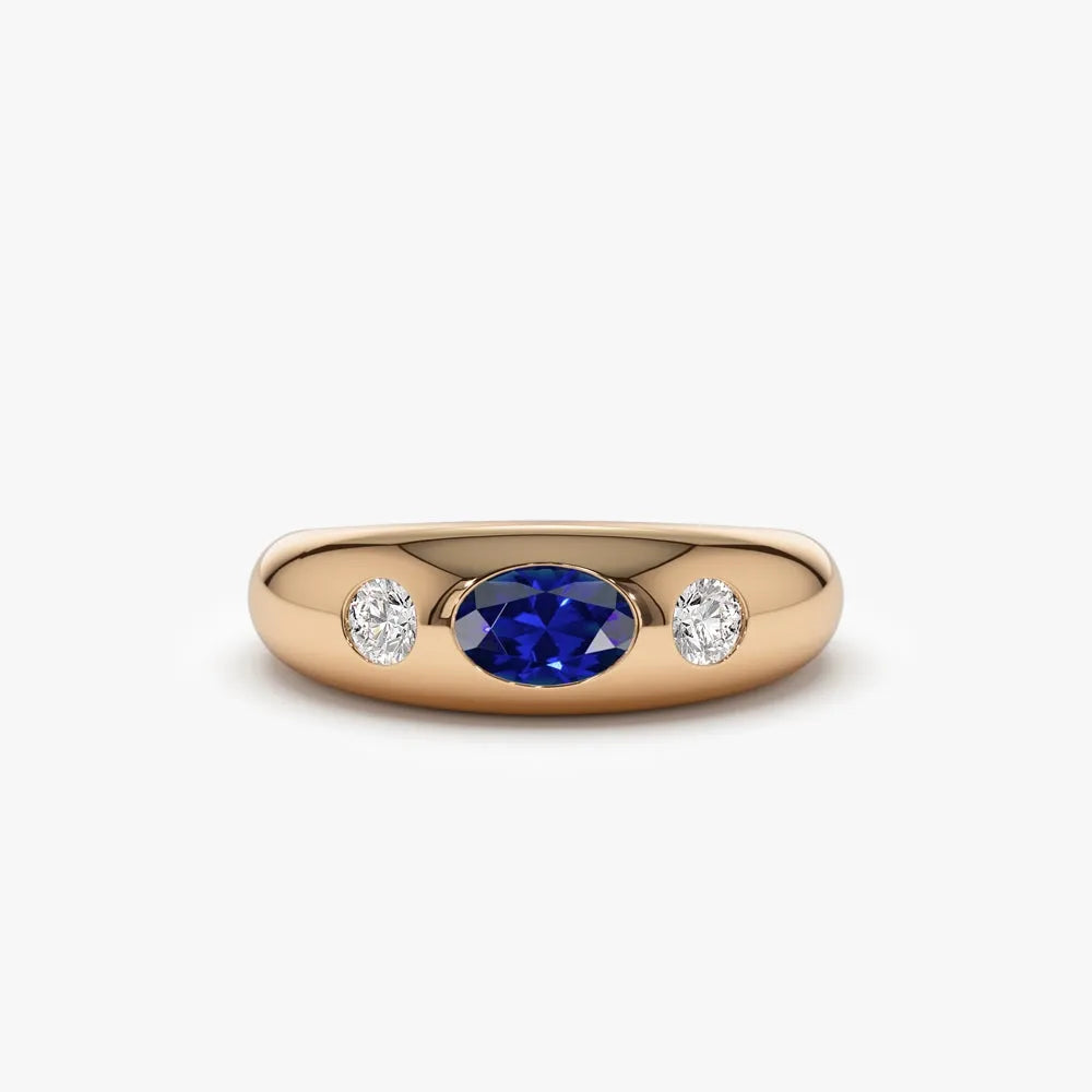 14k Gold Blue Sapphire and Diamond Oval Round Cut Dome Ring 0.80 ctw