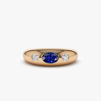14k Gold Blue Sapphire and Diamond Oval Round Cut Dome Ring 0.80 ctw