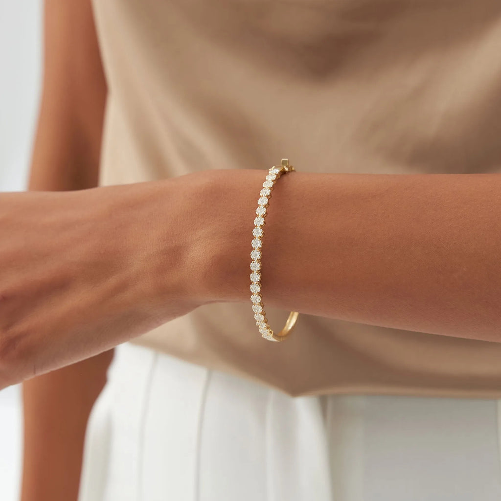 14K Solid Gold 1.15 CTW Round Diamond Cluster Bangle