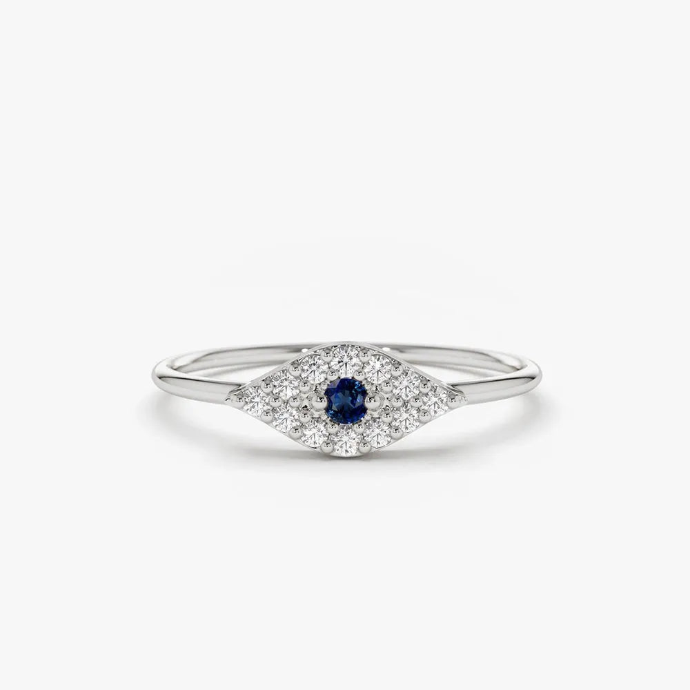 14k Gold Diamond and Sapphire Round Cut Evil Eye Ring 0.17 ctw