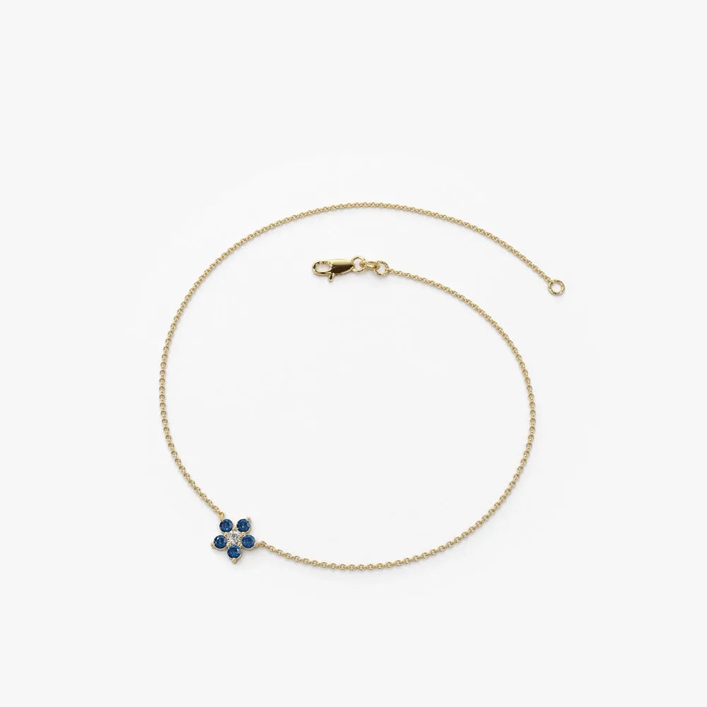 14K Solid Gold Round Sapphire and Diamond Flower Charm Bracelet