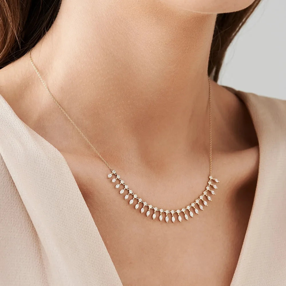 14K Solid Gold Baguette and Round Diamond Statement Necklace Prong and Bezel Set 1.96ctw