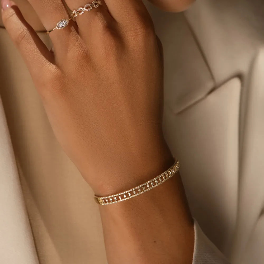 14K Solid Gold 1.33 CTW Baguette and Round Diamond Bangle