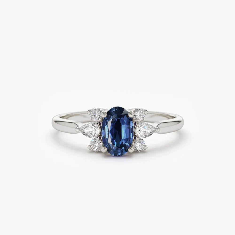 14k Gold Sapphire and Diamond Oval Pear and Round Cut Ring 1.00 ctw