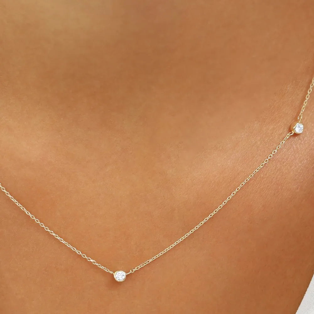 14K Solid Gold Round Diamond 3 Stone Bezel Set By The Yard Necklace 0.19cttw