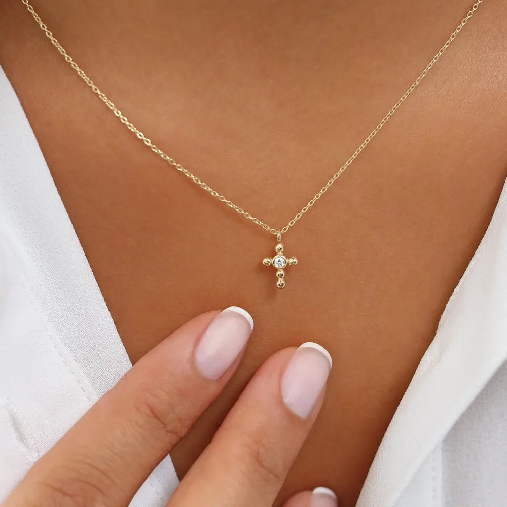 14K Solid Gold Round Diamond Tiny Ball Cross Pendant Necklace Bezel Set 0.03ctw
