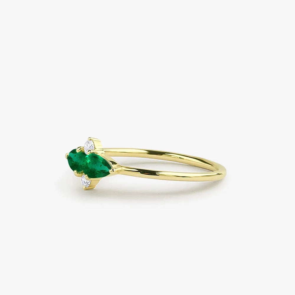 14K Solid Gold Pear Emerald and Round Diamond Cluster Ring 0.56 CTW Handcrafted Jewelry
