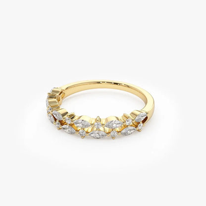 14k Gold Diamond Marquise and Round Double Row Alternating Shared Prong Ring 0.55 Carat