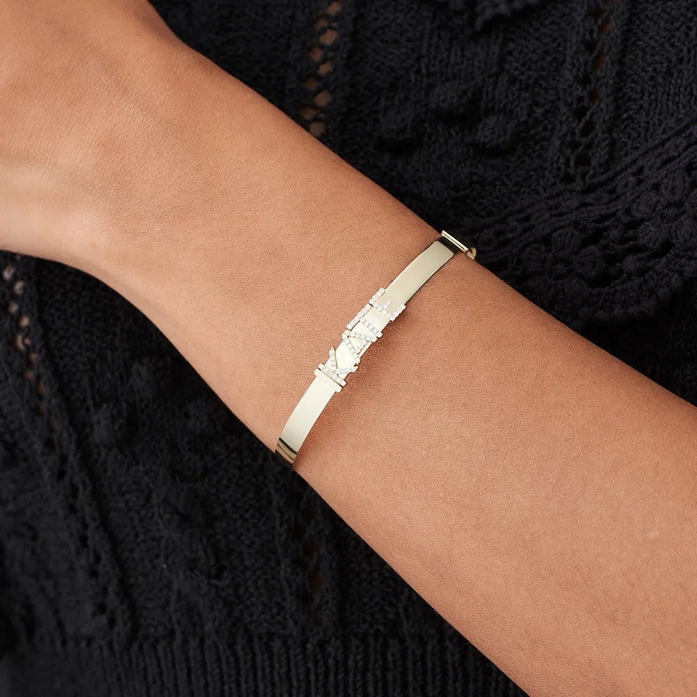 14K Solid Gold Round Diamond Sliding Initial Bangle