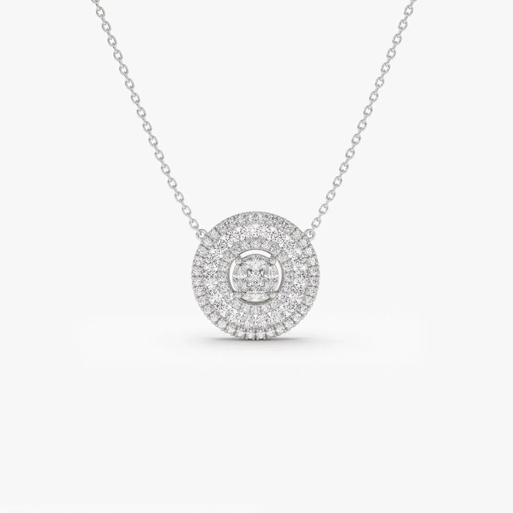 14K Solid Gold Round Marquise and Princess Cut Diamond Illusion Halo Pendant Necklace 0.84ctw