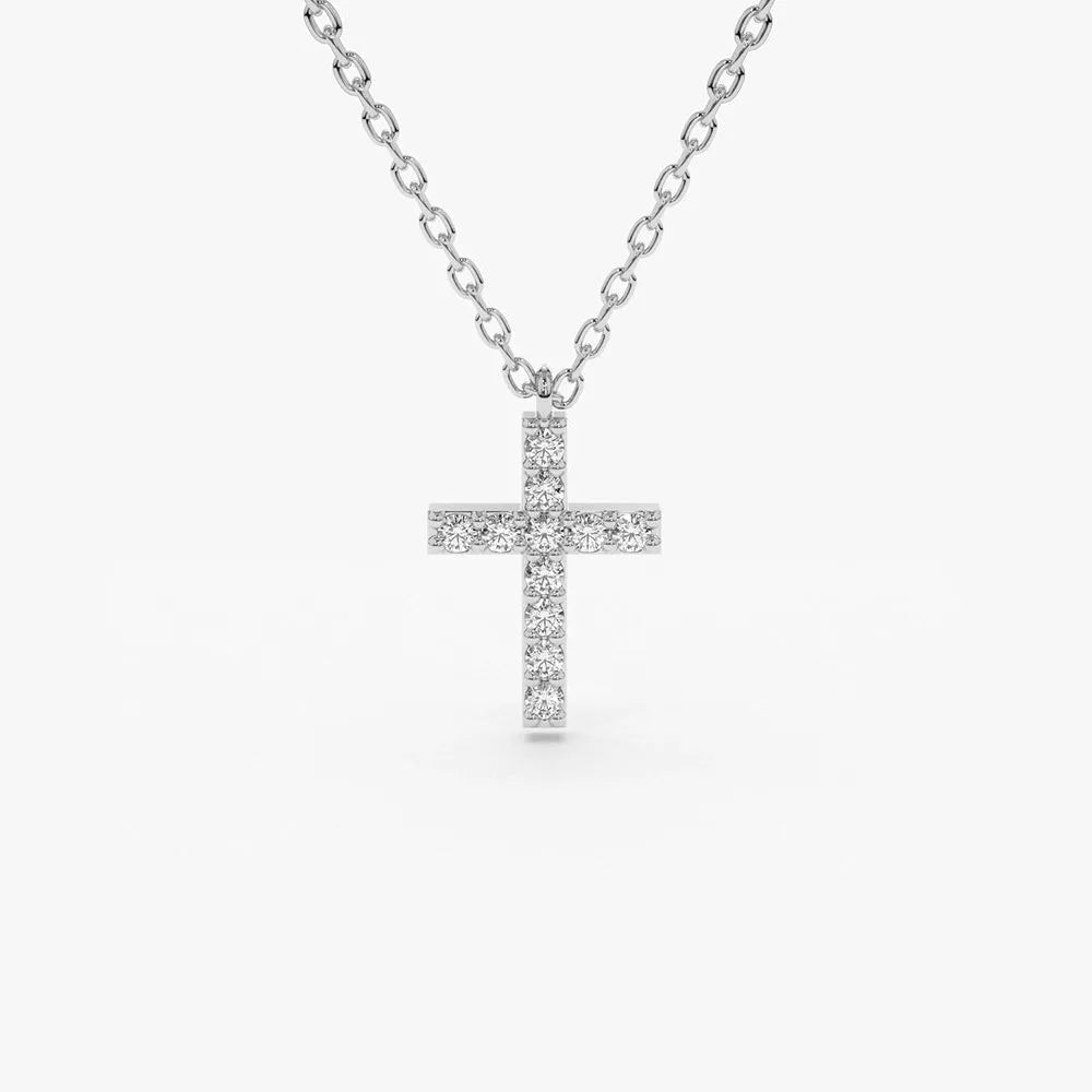 14K Solid Gold Round Diamond Micro Pave Cross Pendant Necklace 0.11cttw