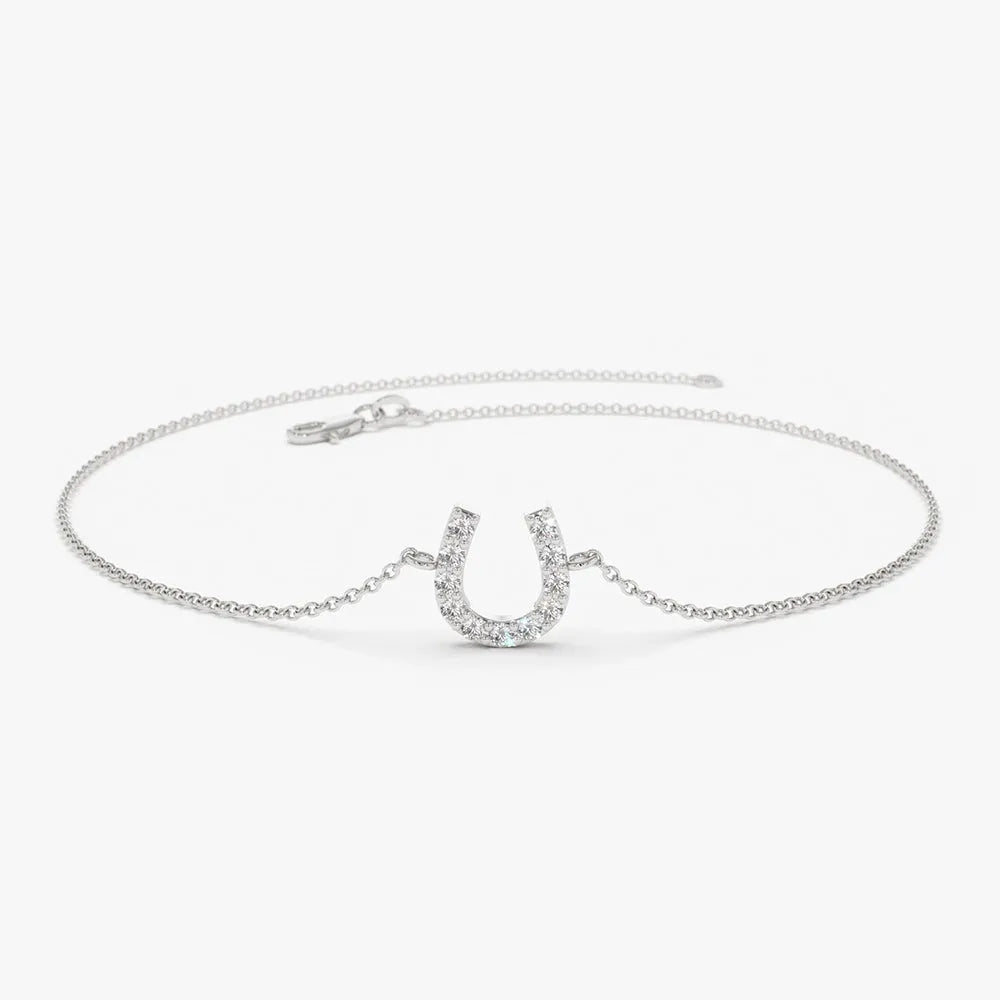 14K Solid Gold Round Diamond Horseshoe Bracelet Micro Pave 0.08 Carat