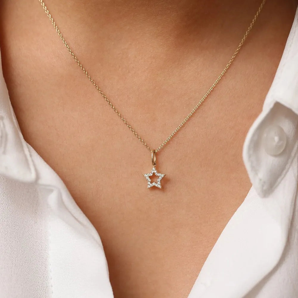 14K Solid Gold Round Diamond Star Charm Pendant Layering Necklace 0.14ctw