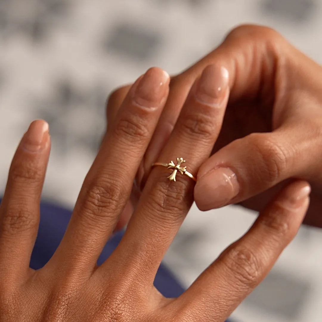 14k Gold Cathedral Cross Ring Wide Band with 9.2mm Motif