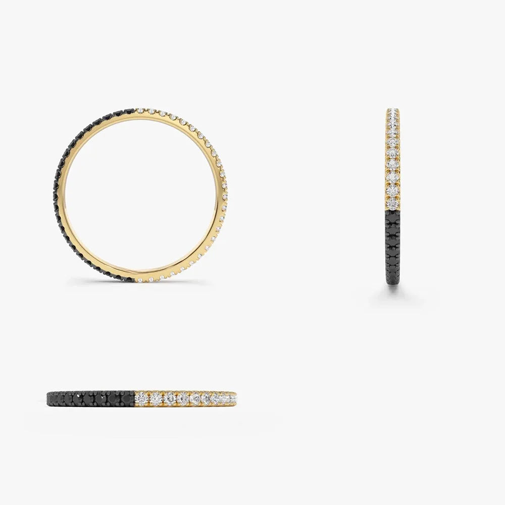 14k Solid Gold Round Black and White Diamond Micro Pave Eternity Band