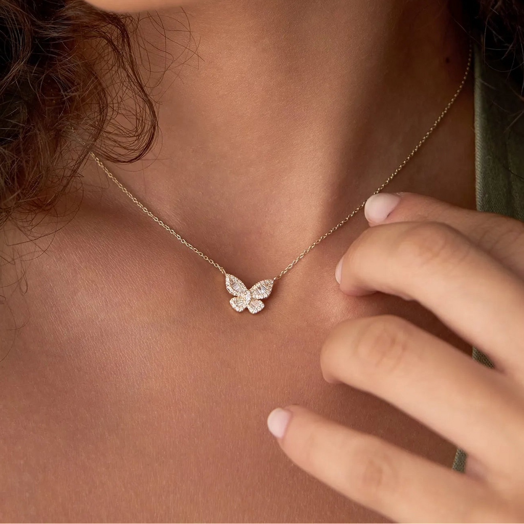 14K Solid Gold Baguette and Round Diamond Butterfly Pendant Necklace 0.32ctw