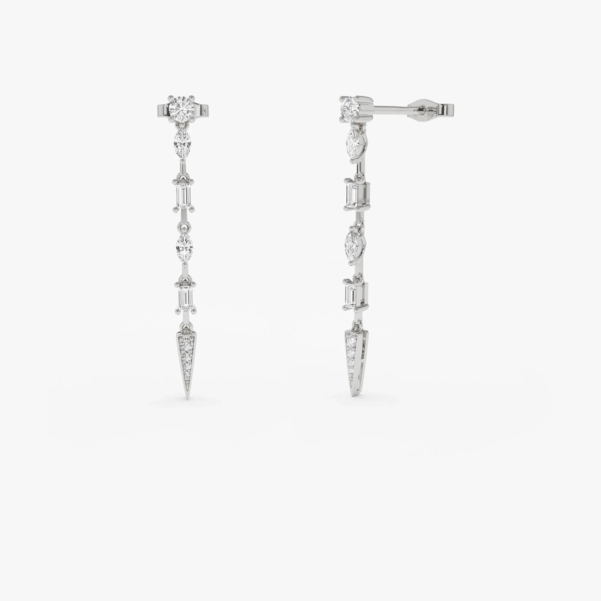 14k Gold Diamond Baguette Marquise and Round Cut Linear Drop Earrings 0.70 ctw