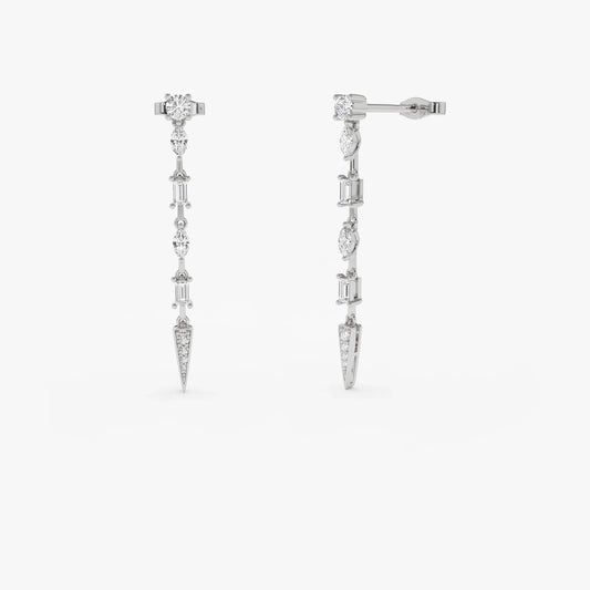 14k Gold Diamond Baguette Marquise and Round Cut Linear Drop Earrings 0.70 ctw