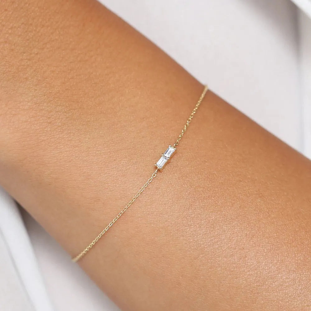 14K Solid Gold Baguette Diamond Double Stone Chain Bracelet Prong Setting 0.12 Carat