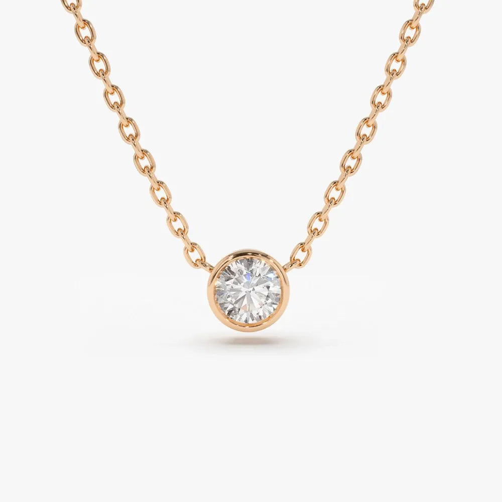 14K Solid Gold Round Diamond Solitaire Necklace Bezel Set 0.50ctw
