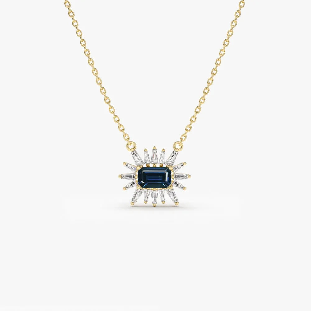 14k Solid Gold Sapphire and Diamond Emerald Cut Tapered Baguette Necklace 0.65 Carat