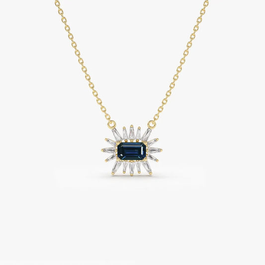 14k Solid Gold Sapphire and Diamond Emerald Cut Tapered Baguette Necklace 0.65 Carat