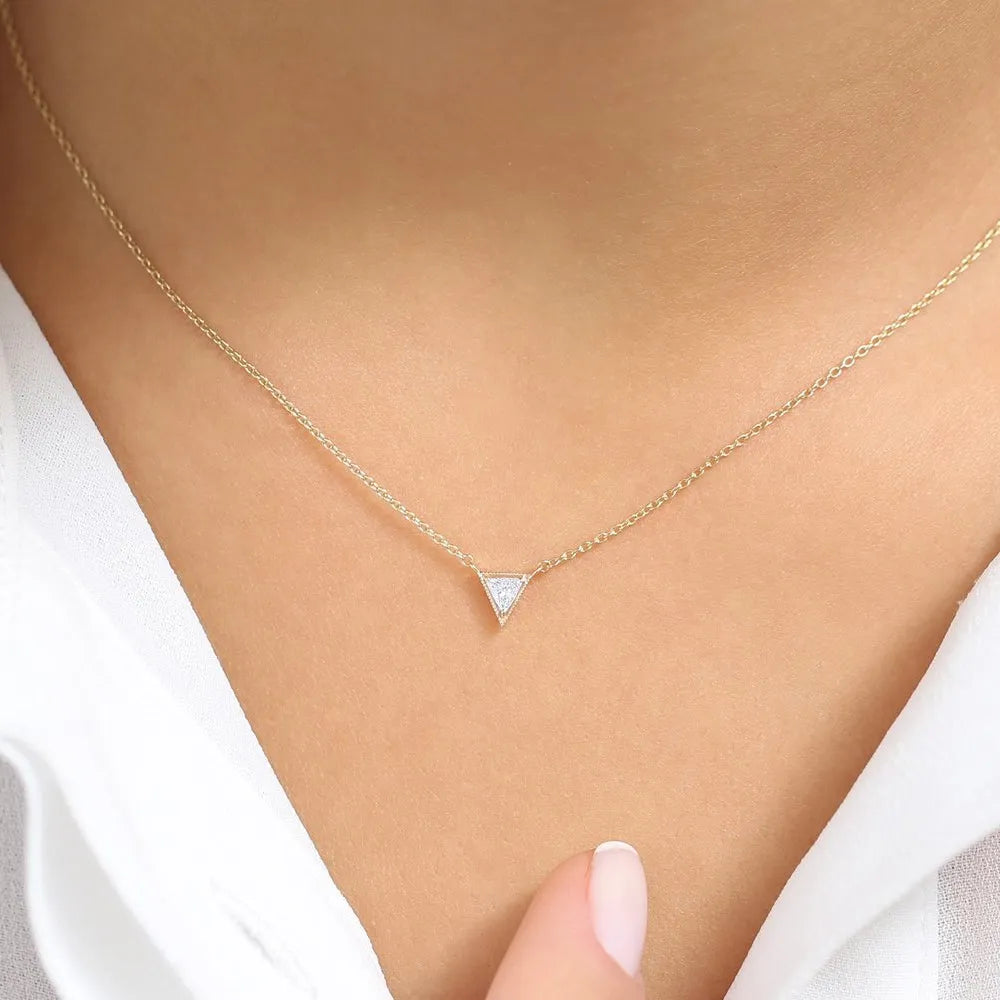 14K Solid Gold Triangle Cut Diamond Solitaire Necklace Micro Prong Setting 0.15ctw
