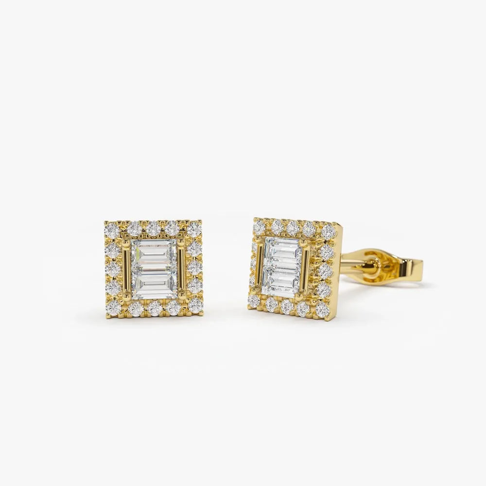 14k Gold Diamond Baguette and Round Cut Halo Setting Stud Earrings 0.25 ctw